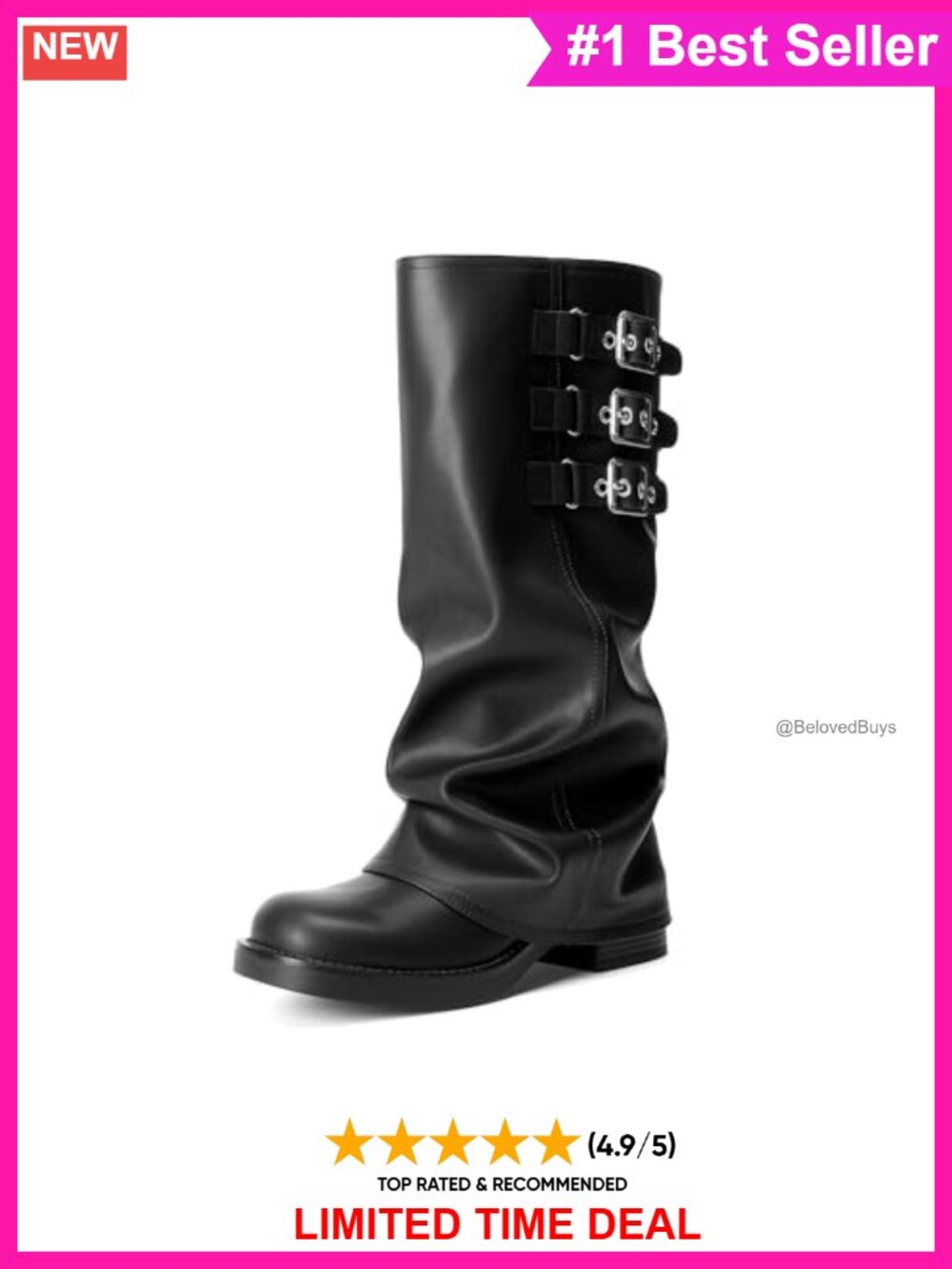 Faux Leather Fold-Over Knee High Boots Square Toe Buckle Moto Women's